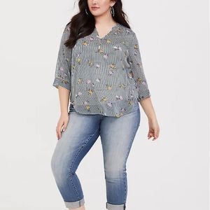 LIKE NEW TORRID HARPER SPARKLY GREEN FLORAL BUTTON UP STRIPE BLOUSE
